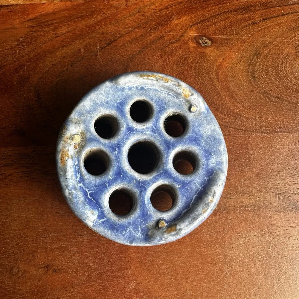 Vintage Ceramic Pottery Frog Flower Holder And Matching Blue Bowl Grandmacore